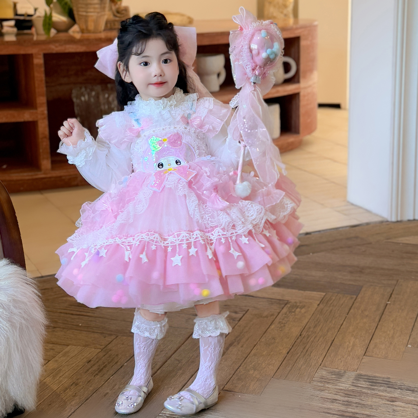 粉色美乐蒂重工纱裙四季款宝宝周岁周岁宝宝服装生日公主裙纱裙