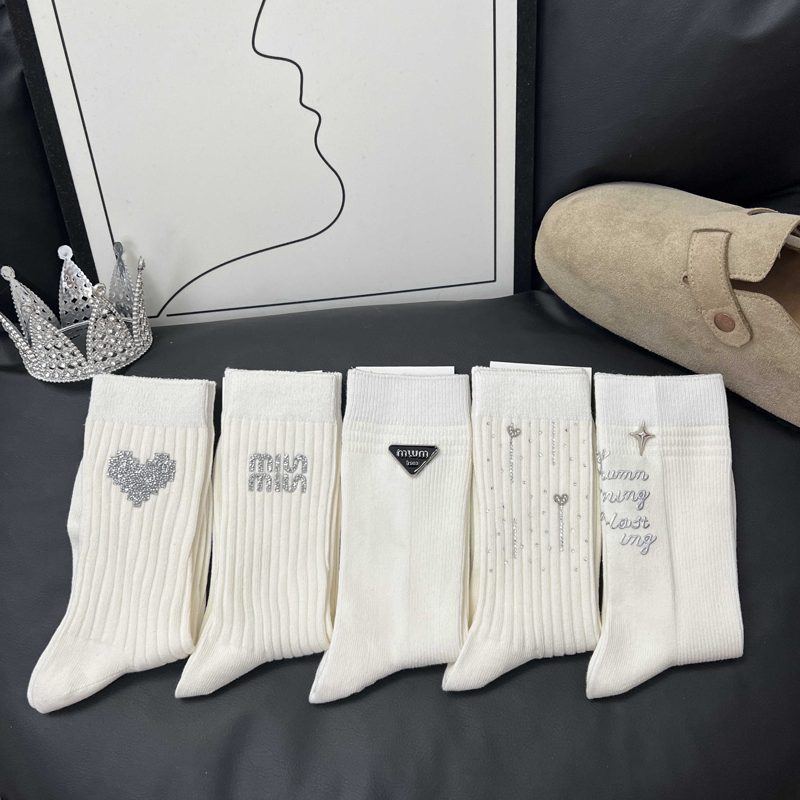 组合款全白女袜欧货轻奢烫钻饰品袜子