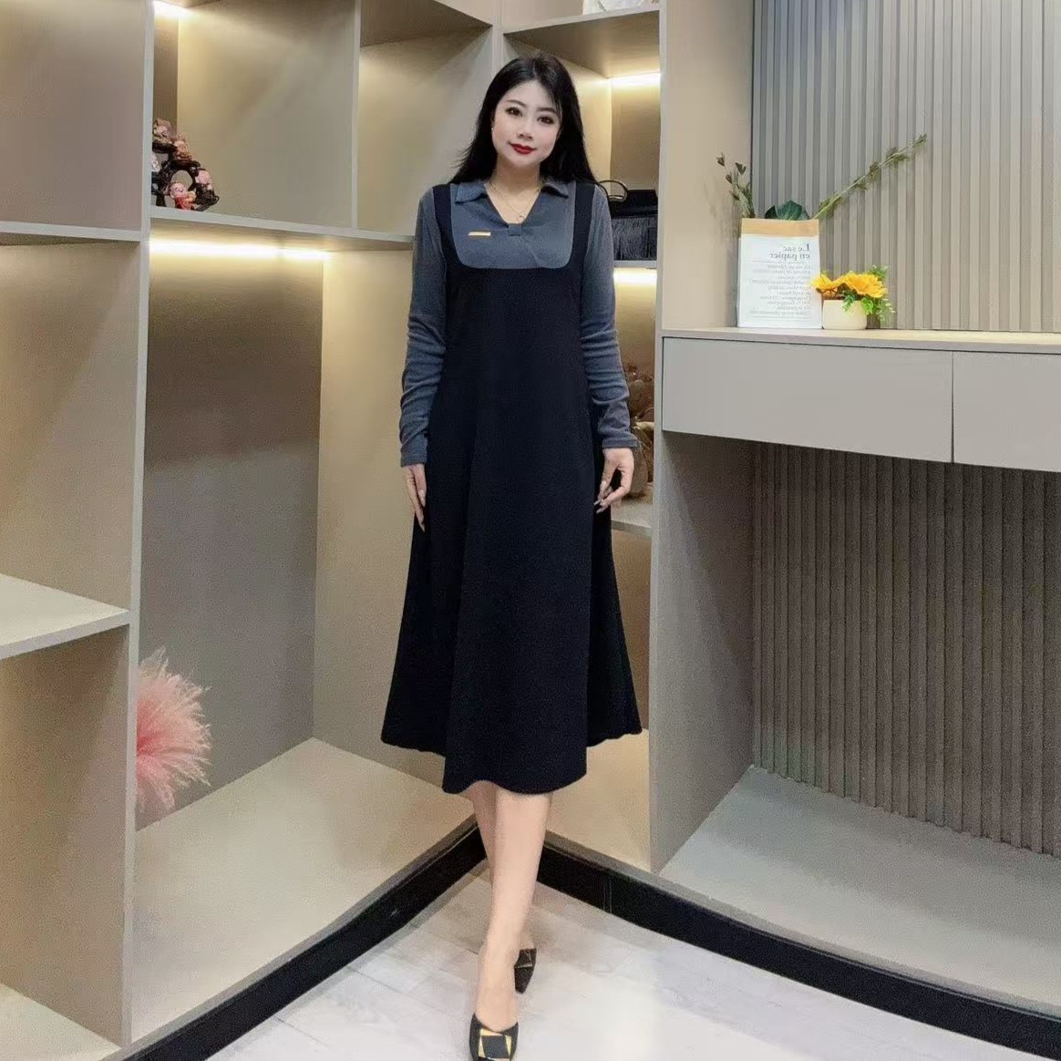 冬季连衣裙-娃 9502时尚潮流显瘦设计领假两件胖MM大码女装新款