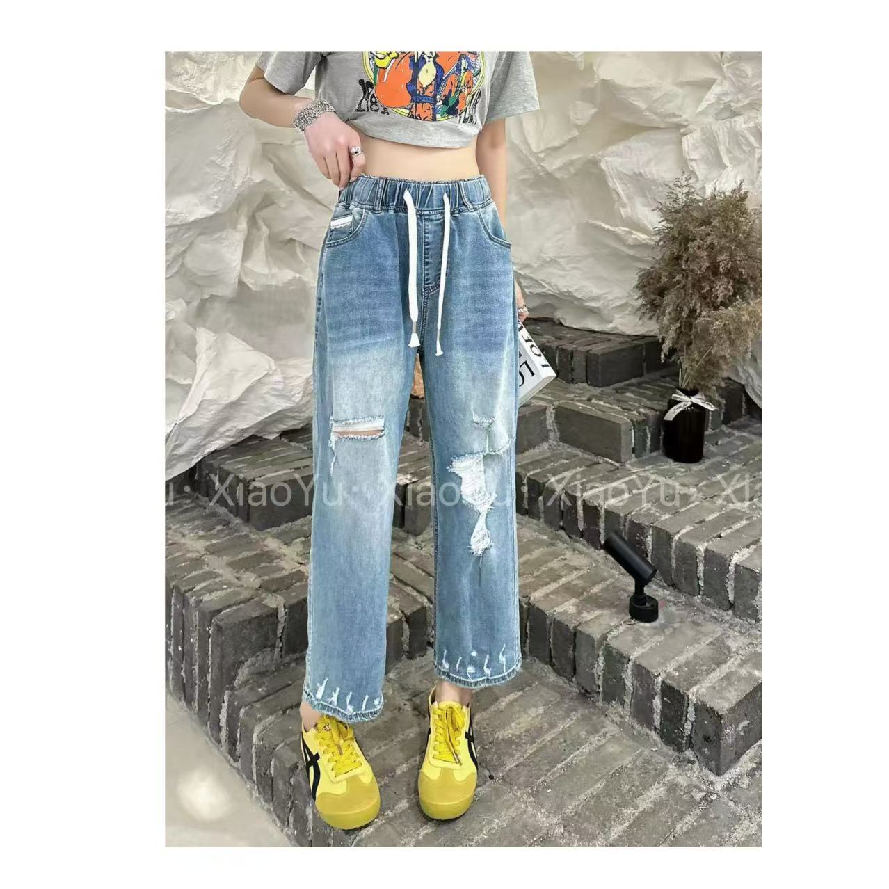 品牌【超薄万能腰拉毛破洞个性休闲牛仔裤】LD 55377【NO退换】瑕疵品