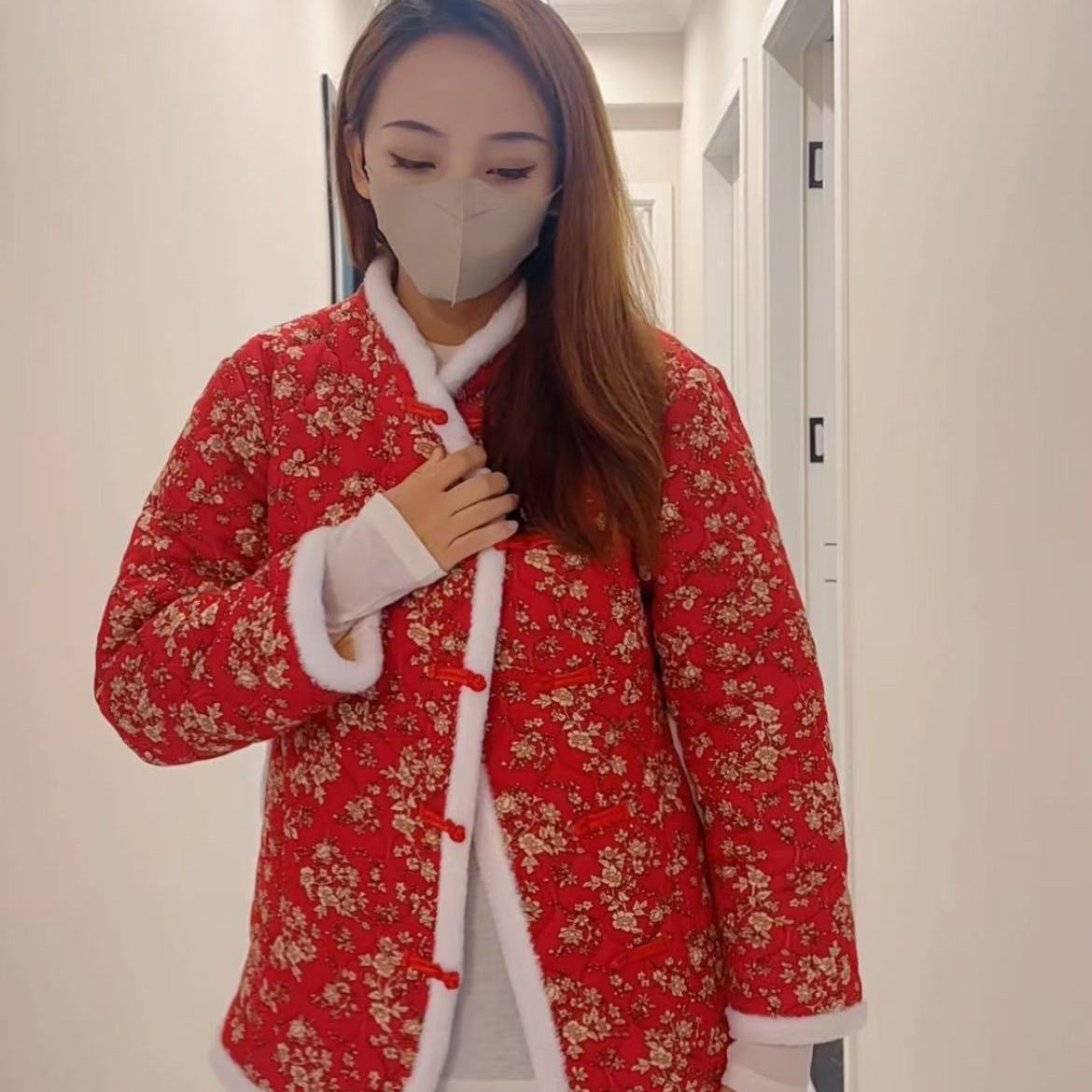 中长款加厚冬季碎花中国风保暖罩衣式棉袄