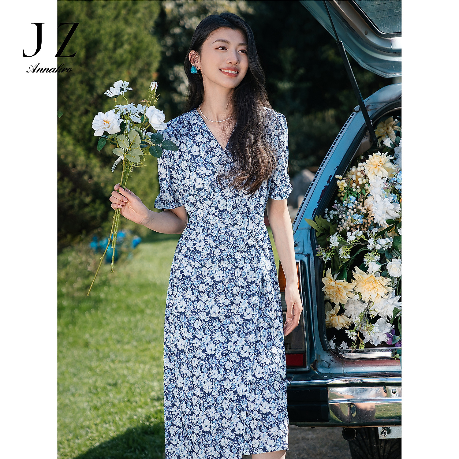 玖姿安娜蔻JTEX50057法式印花修身气质茶歇裙连衣裙女2024夏新款