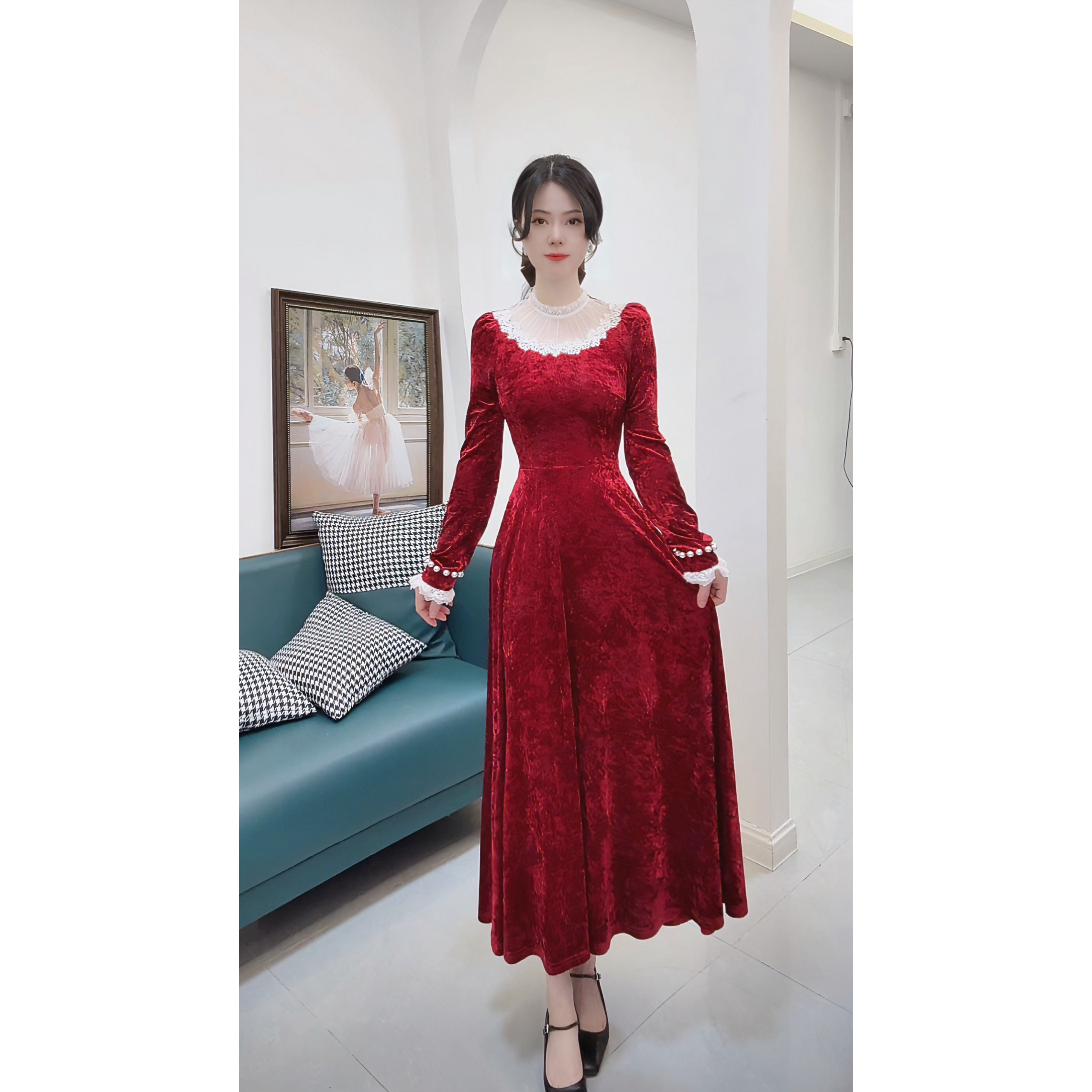 秋冬显瘦高腰法式酒红色气质长袖蕾丝婚宴长款连衣裙15632