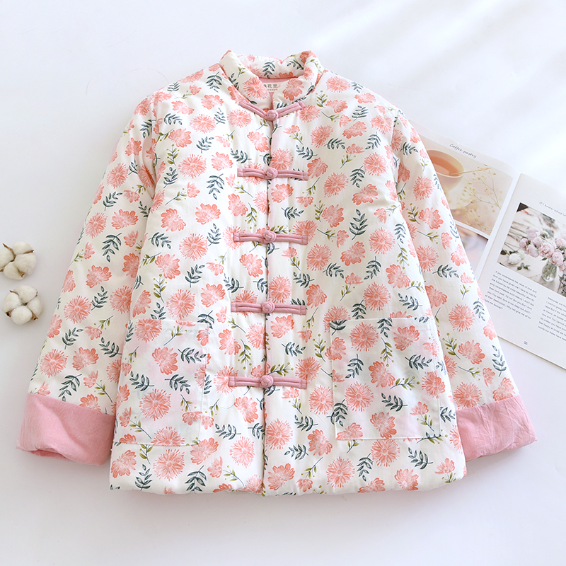 秋冬季手工纯棉花棉衣盘扣保暖碎花厚款棉服宽松型保暖棉花衣