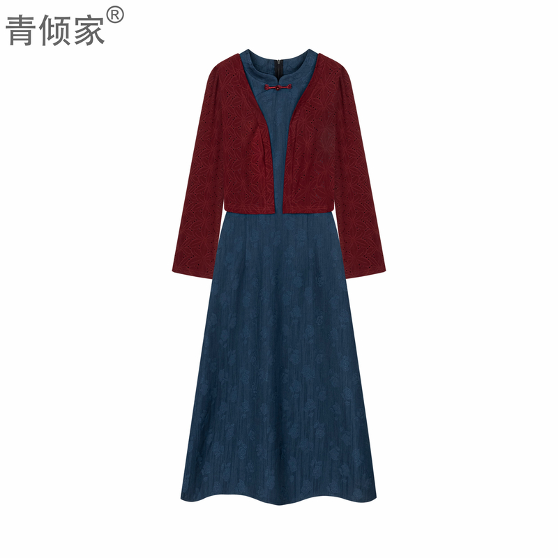 青倾家【知春晚】春装新款新中式套装披肩旗袍连衣裙两件套