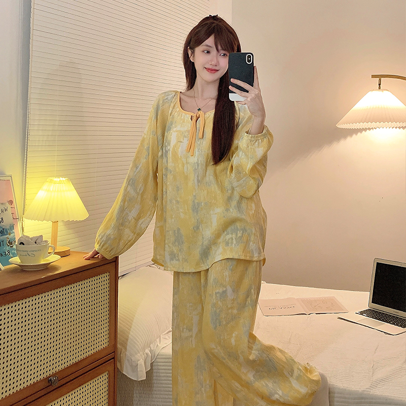 炸姐大码睡衣女秋季2025新款琉璃黄长袖套装休闲甜美可外穿家居服