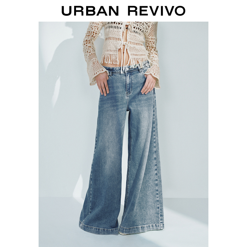 UR2025春季新款女装欧若风复古水洗磨白阔腿牛仔长裤UWM850074