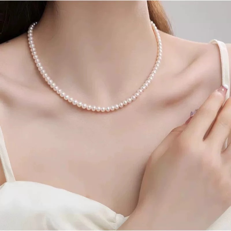 4-5mm白亮极光小米珠天然珍珠时尚经典百搭款S925银抽拉尾链