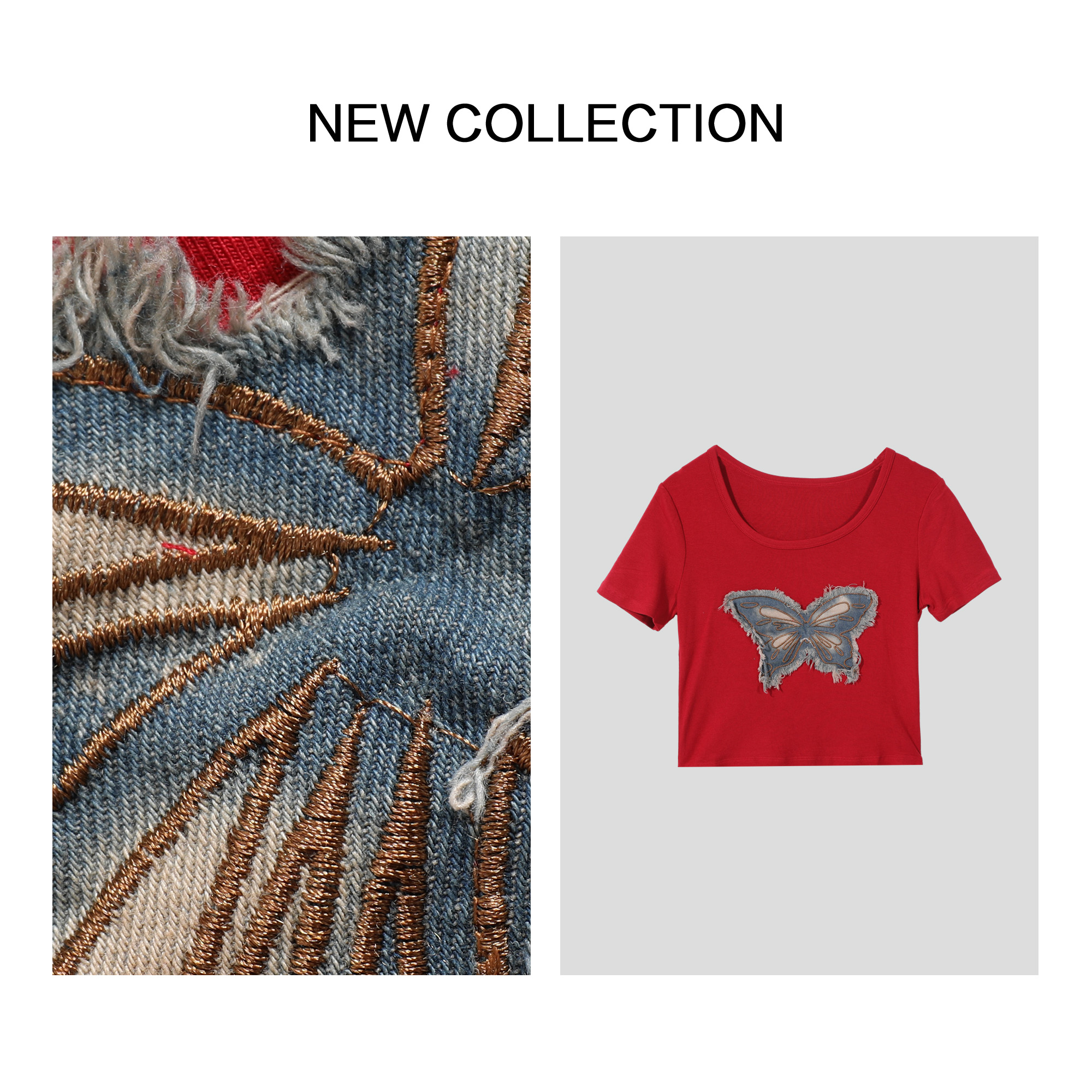 【龙哥专属】T1F38001A 红色短袖T恤胸前蝴蝶刺绣设计