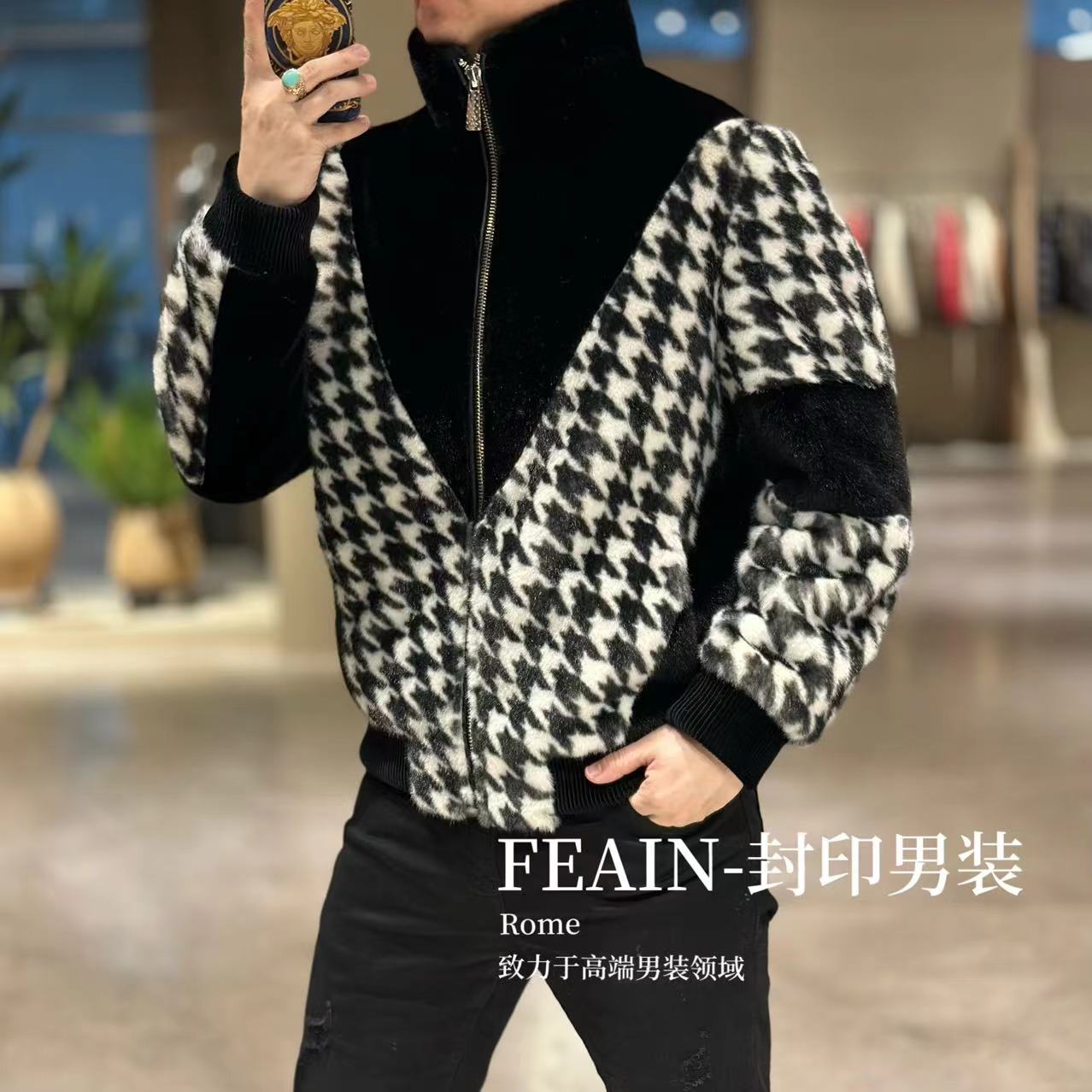 高端定制男士立体拼色立领拉链毛绒夹克25316