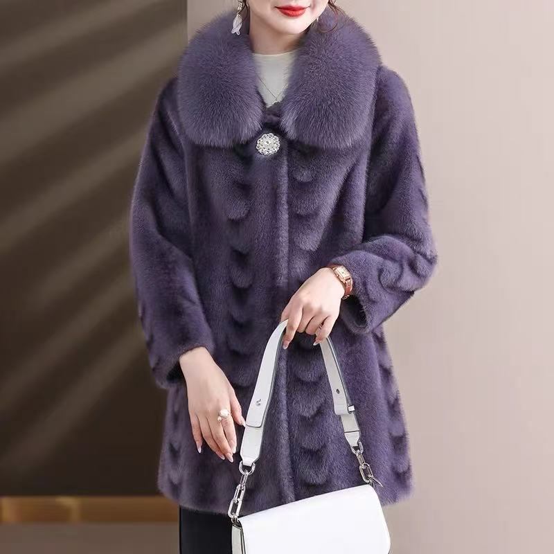 海宁貂绒大衣女中长款真狐狸毛领气质妈妈喜婆婆中长款韩版显瘦冬
