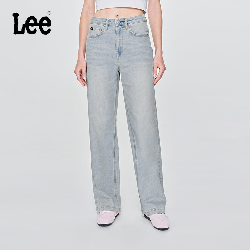 Lee25早秋428懒懒裤舒适高腰直脚琥珀流光设计浅蓝色女牛仔裤潮流
