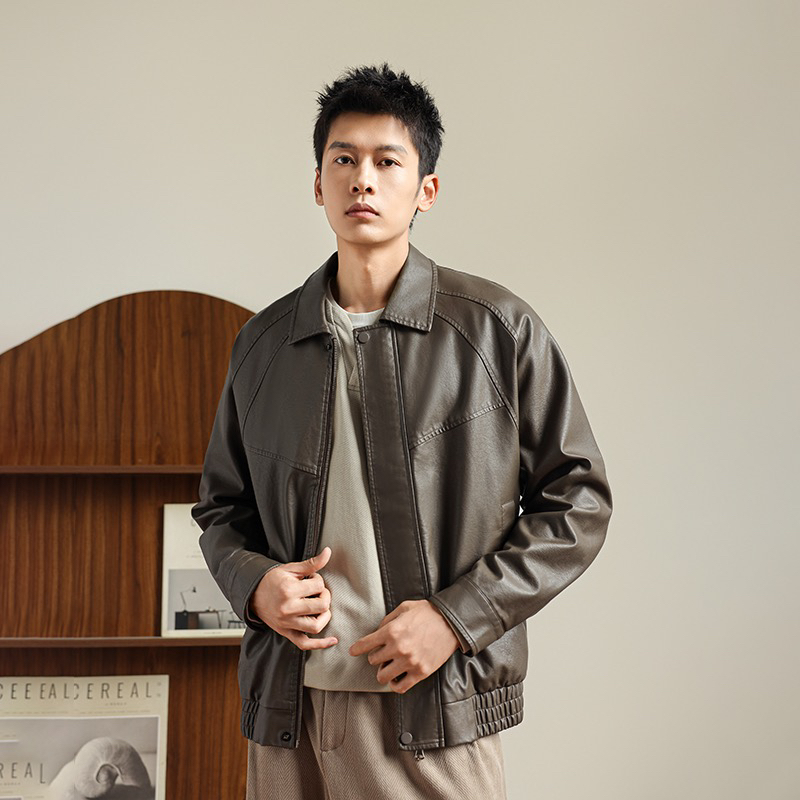 高品质PU皮衣外套男士新品翻领纯色简约机车风帅气潮酷复古做旧感