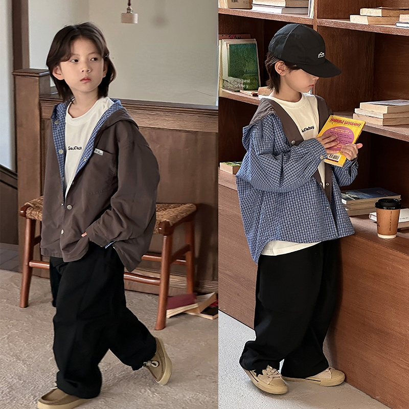 小小天两面穿外套2025新款韩版中大童连帽外套格子上衣防风保暖