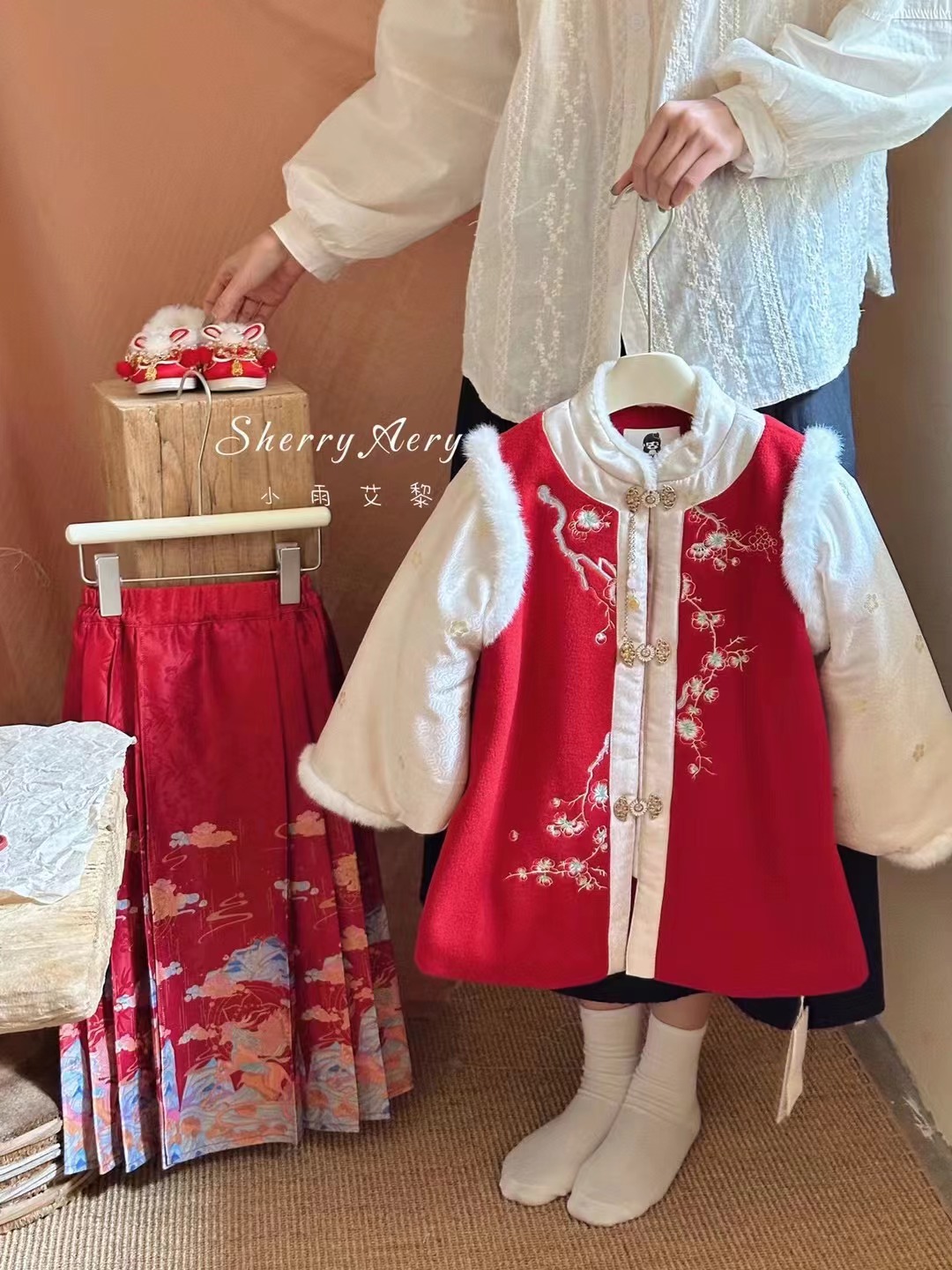 女童冬装中国风重工刺绣长裙套装女孩古装儿童唐装拜年服【梅花】