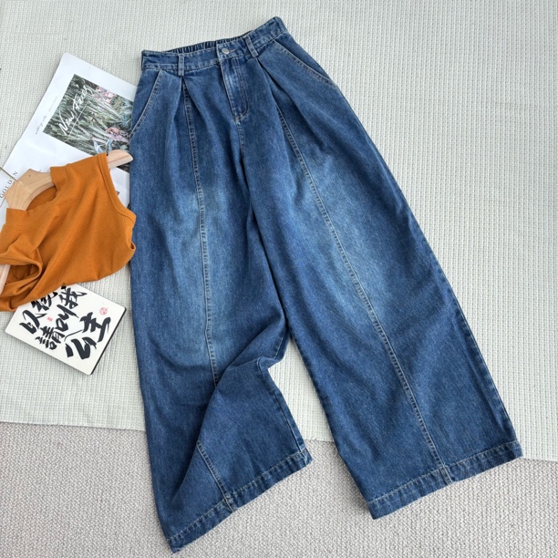 ［巧巧定制］新韩版百搭修身时尚复古港风松紧腰阔腿直筒牛仔裤6676