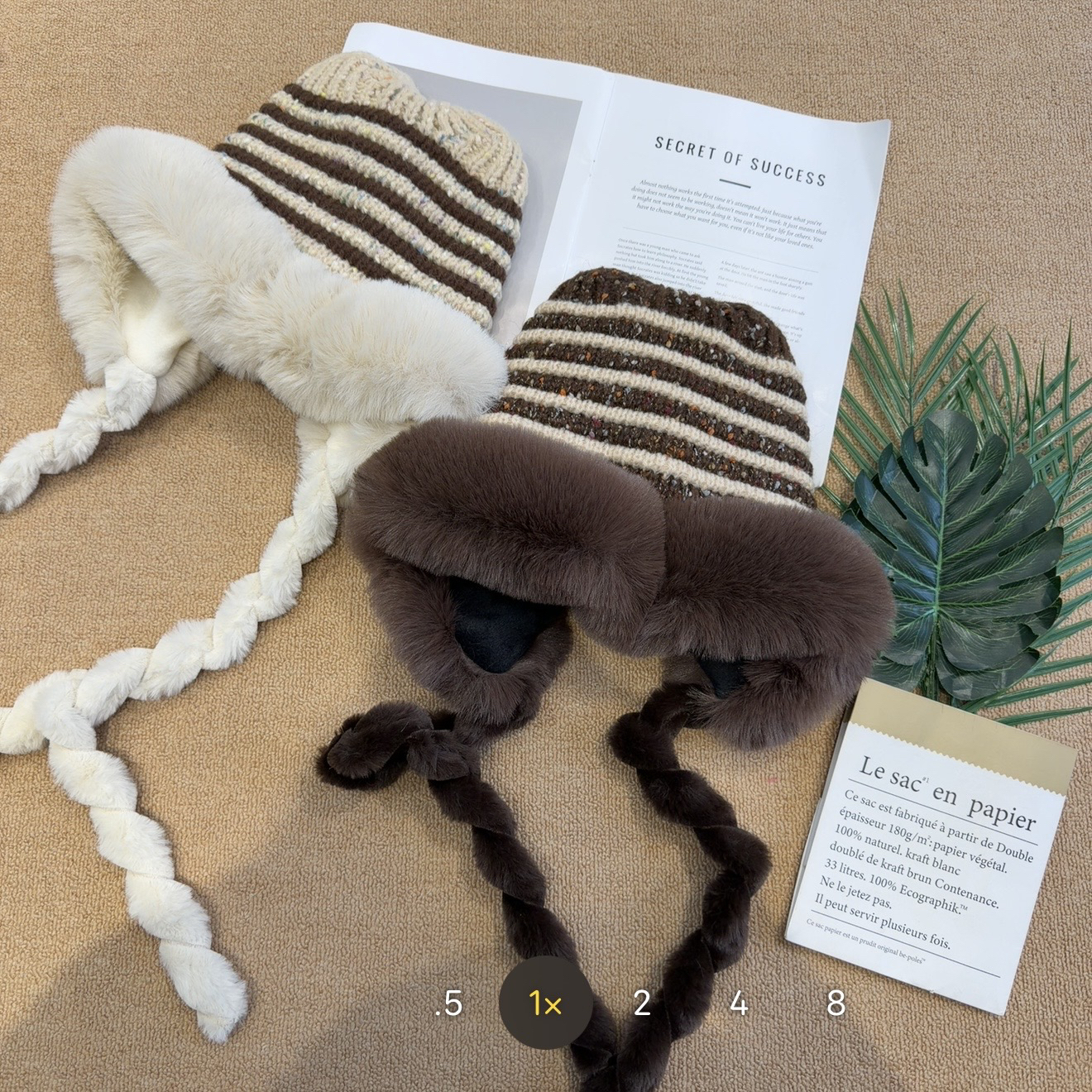 【小妹店】大毛绒边条纹针织帽