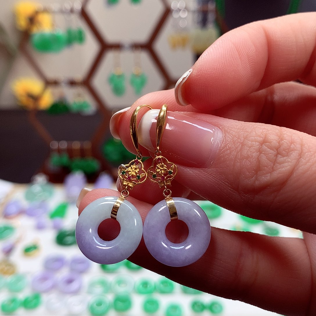 翡翠耳饰18K金镶嵌天然翡翠