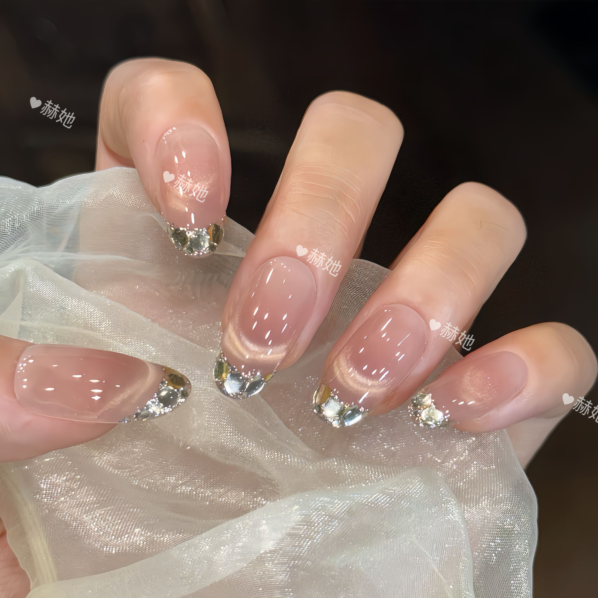 【天境】轻奢简约微笑猫眼亮片截断基础法式款 纯手工显白穿戴甲