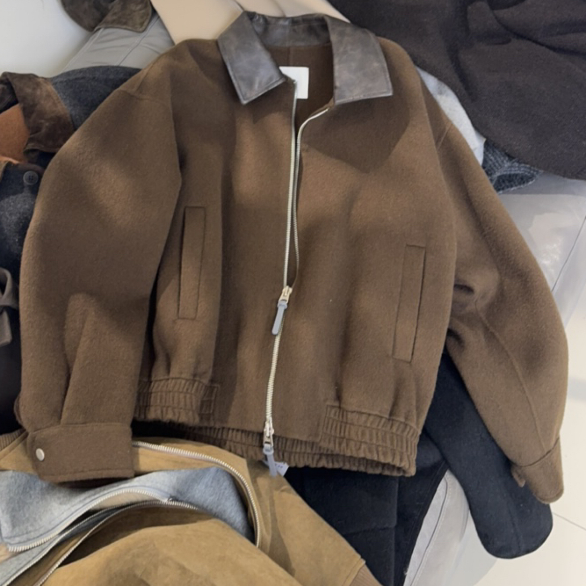 70羊毛双面呢拼皮领外套男装