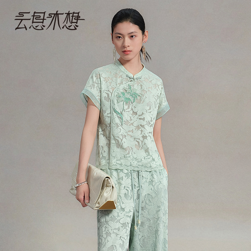 Ysimo-X云思木想 青青子衿 中式立领植物染蕾丝绣花女士上衣14980