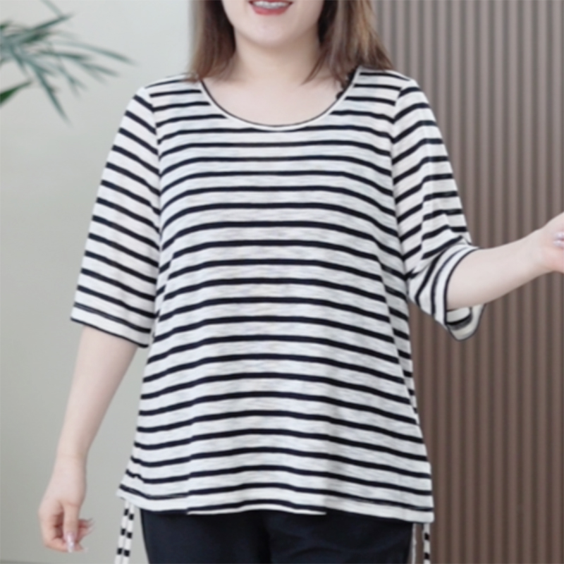 冰肤麻感棉大码条纹T恤女弹力夏季显瘦休闲下摆抽绳百搭减龄上衣