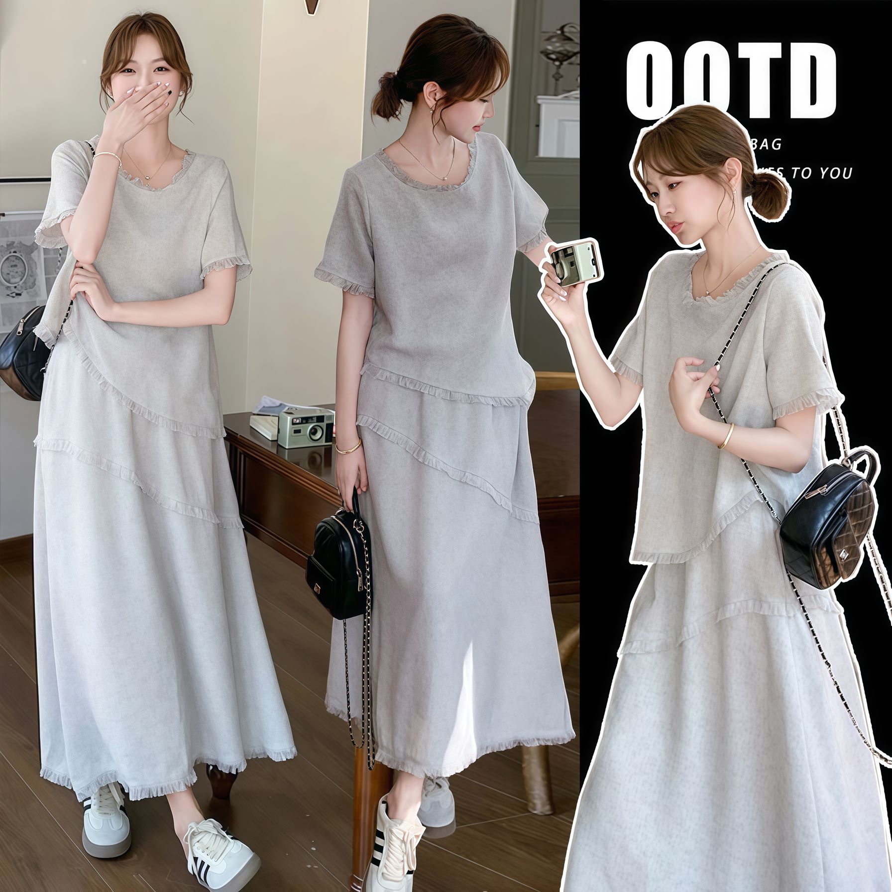 【苏安诺】孕妇装夏季法式小香风薄款短袖上衣+半身裙减龄两件套