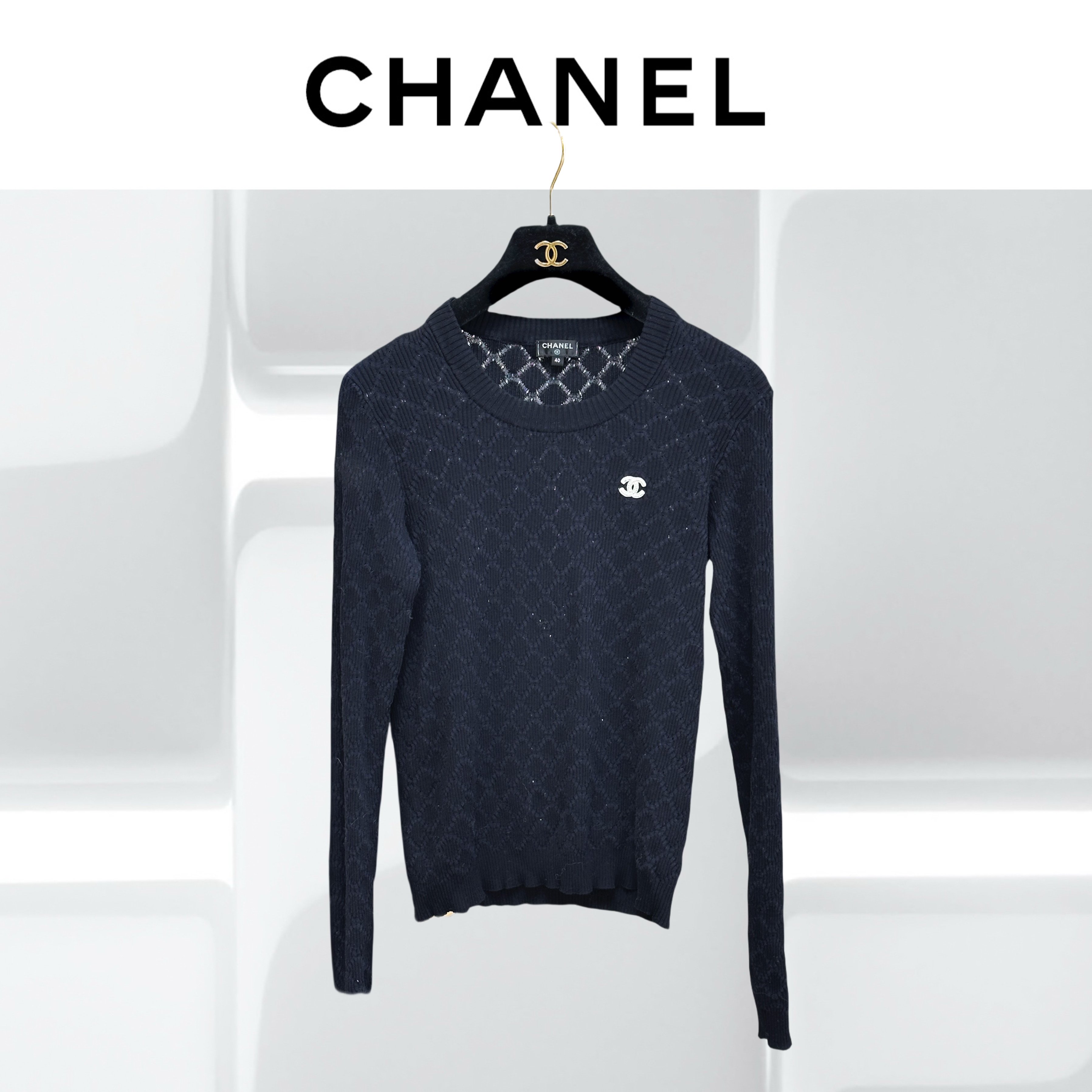99新 Chanel/香奈儿 40码黑色菱格纹镂空圆领长袖上衣