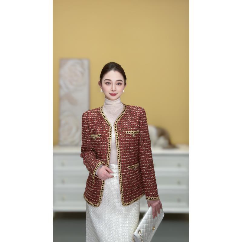 剀剀莉 冬季新款红金色V领轻奢定制时尚气质名媛小香风外套 0-15°