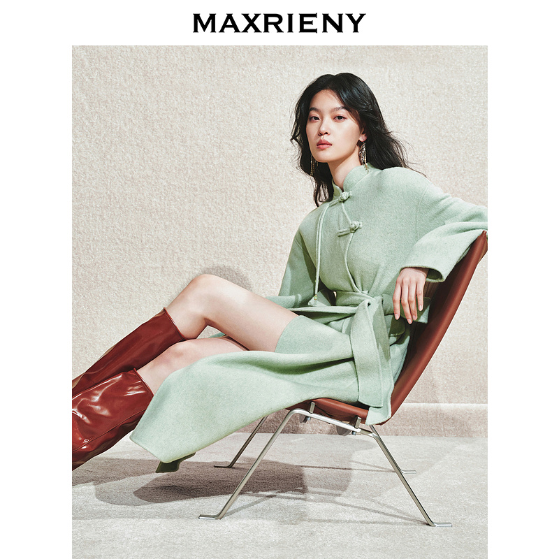 【林一专属】MAXRIENY豆绿流苏盘扣羊毛大衣女冬保暖外套中长款