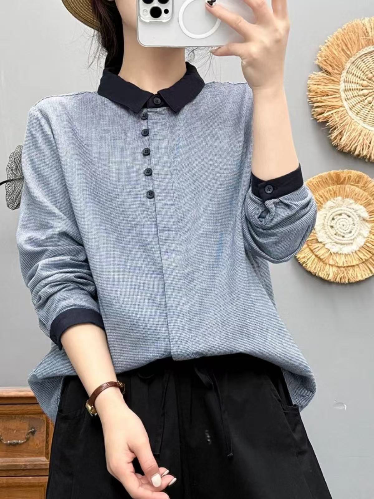 E301-E350长袖白色纯棉亲肤打底衬衫宽松