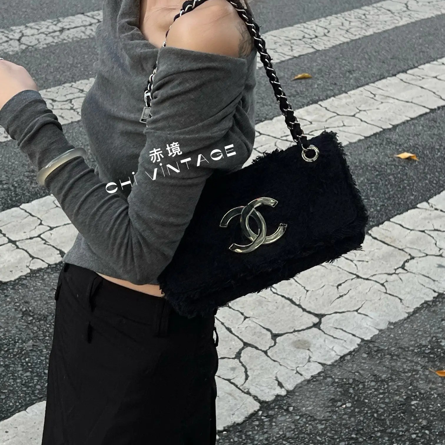 95新 Chanel/香奈儿 1480 藏蓝亚麻编织大logo银翻盖单肩包09-10