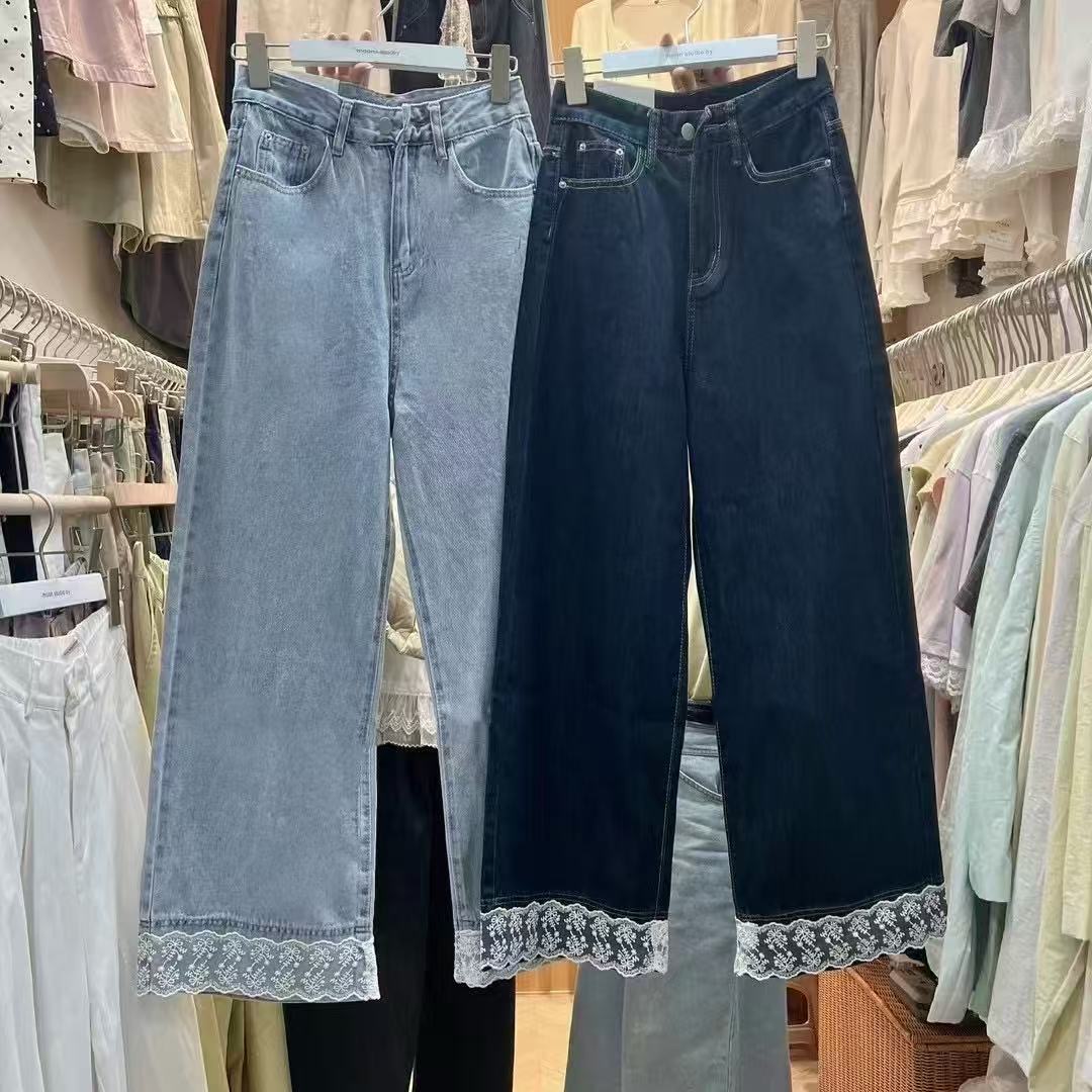 韩系复古蕾丝拼接牛仔阔腿裤女2025春季新款洋气百搭高腰直筒裤子