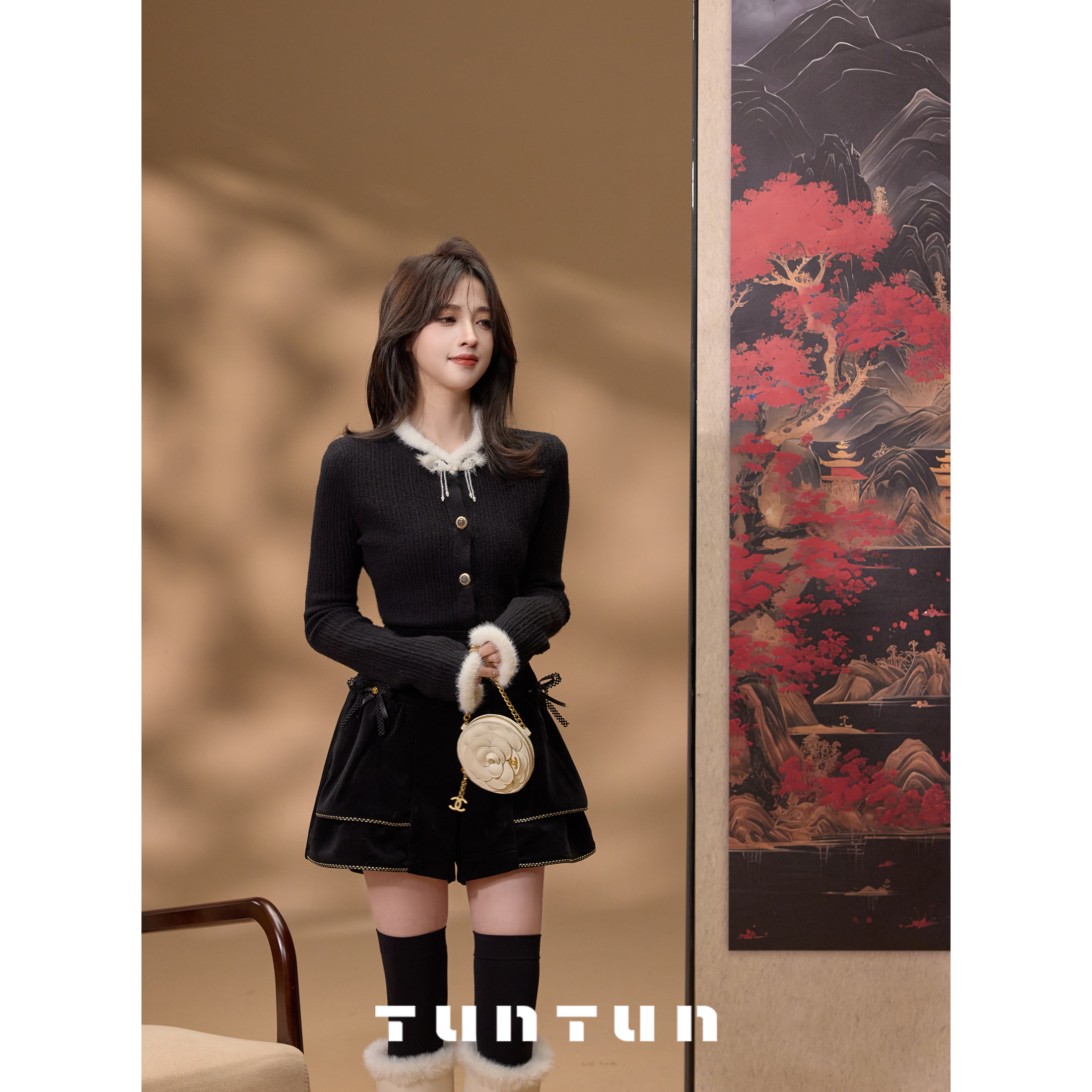 吞吞TUNT【祈年 黑色】黑白东方韵 新中式流苏对扣毛边毛衣4