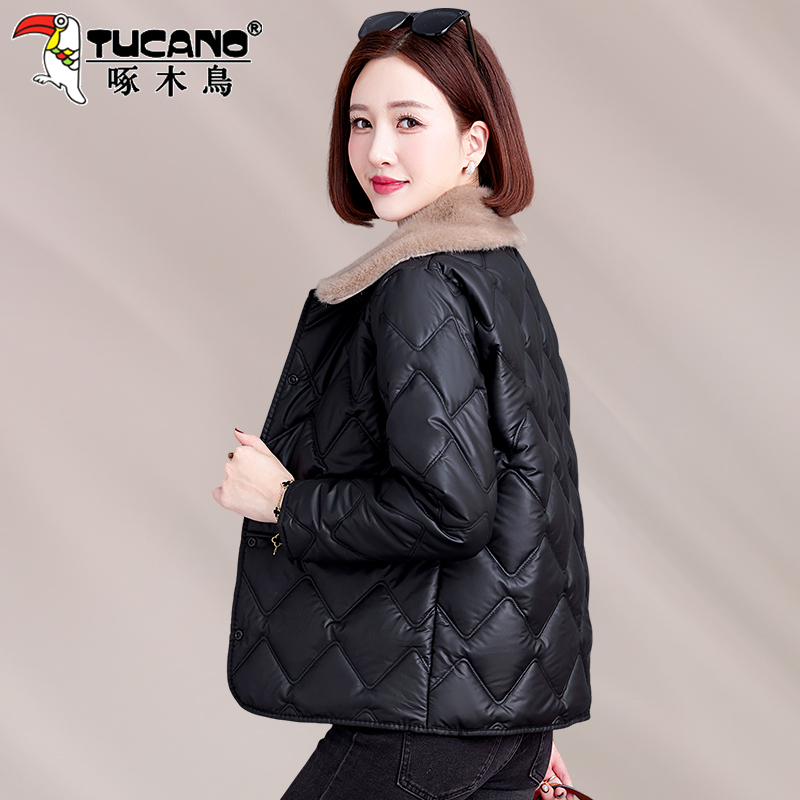 啄木鸟黑色菱格棉服女款2025新款小个子毛领短款棉衣爆款棉袄外套