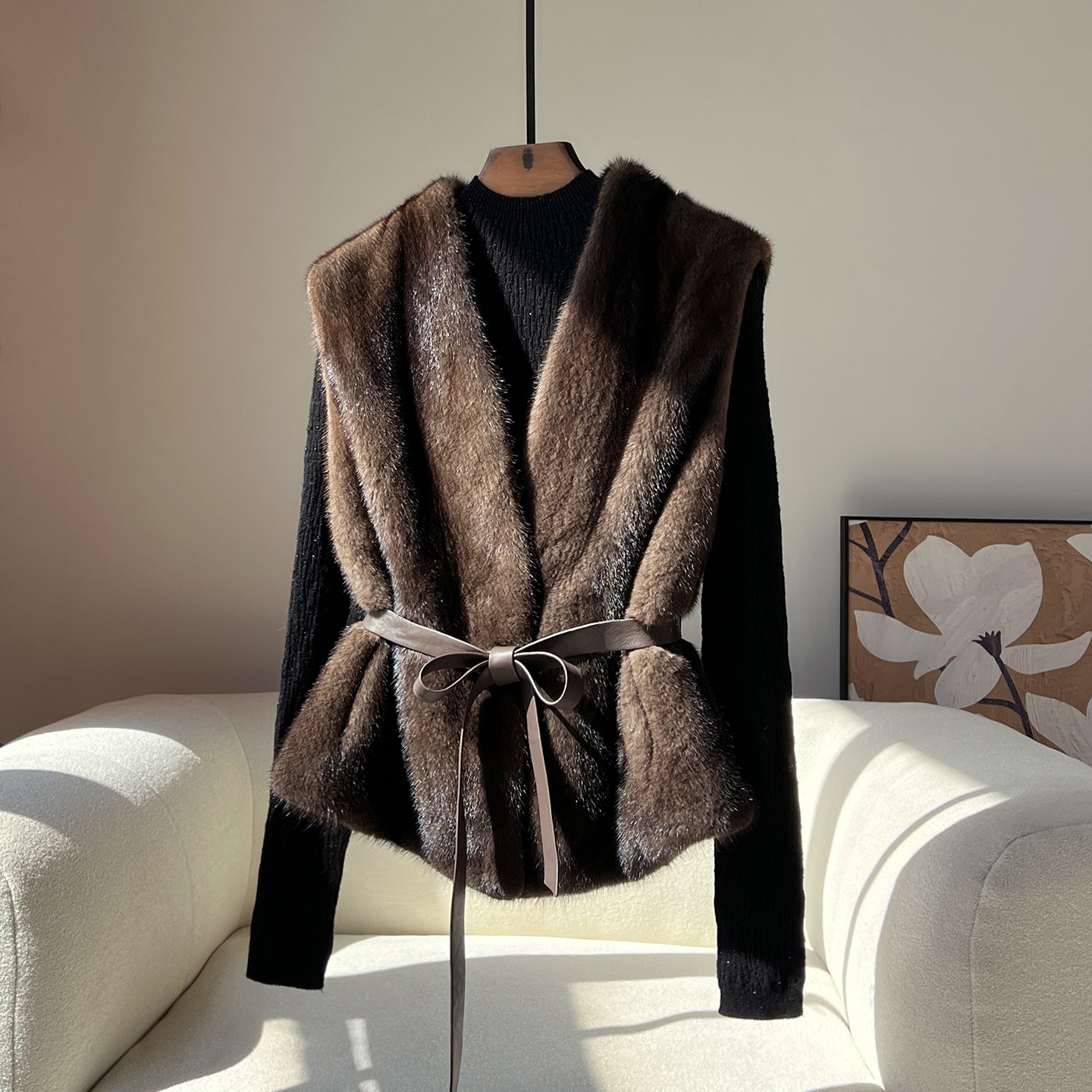 海宁皮草外套女士短款天鹅绒进口水貂毛马甲整貂皮大衣冬季小个子