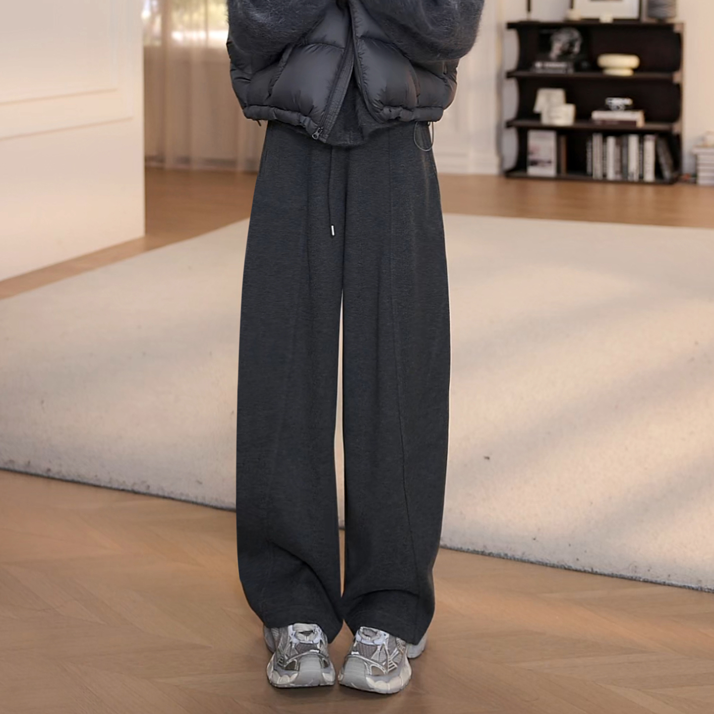【YANYAN】灰色加绒休闲裤女小个子秋冬新款高腰直筒阔腿裤长裤5506