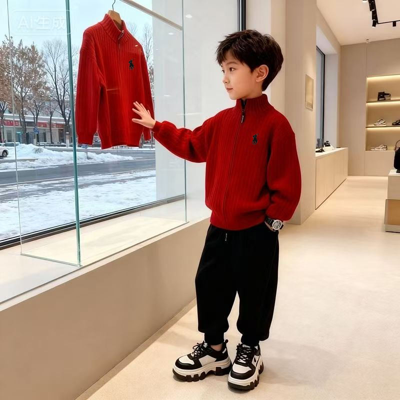 韩国绒不起球男女童秋冬上衣针织开衫毛衣中大童拉链衫儿童打底衫