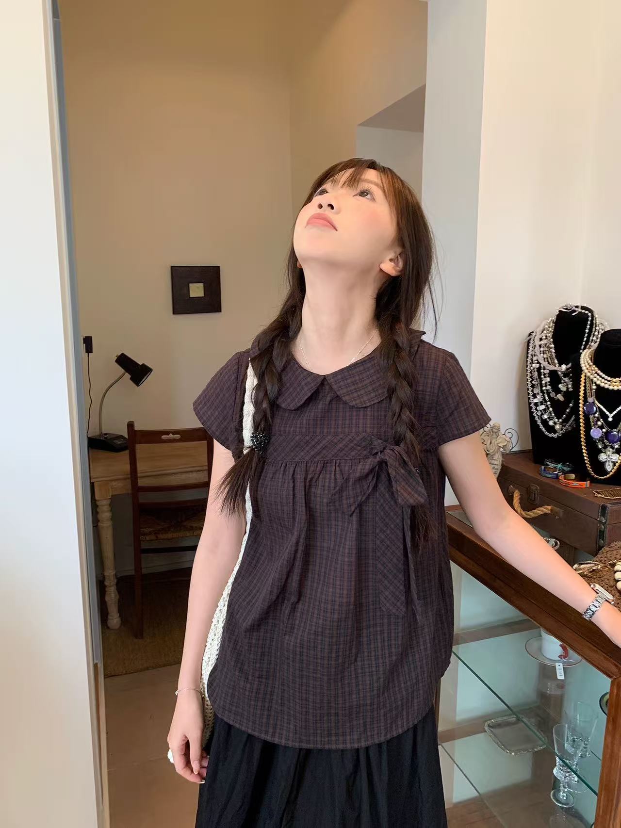 A057-韩系甜美蝴蝶结娃娃领短袖衬衫女2025新款宽松显瘦百搭上衣