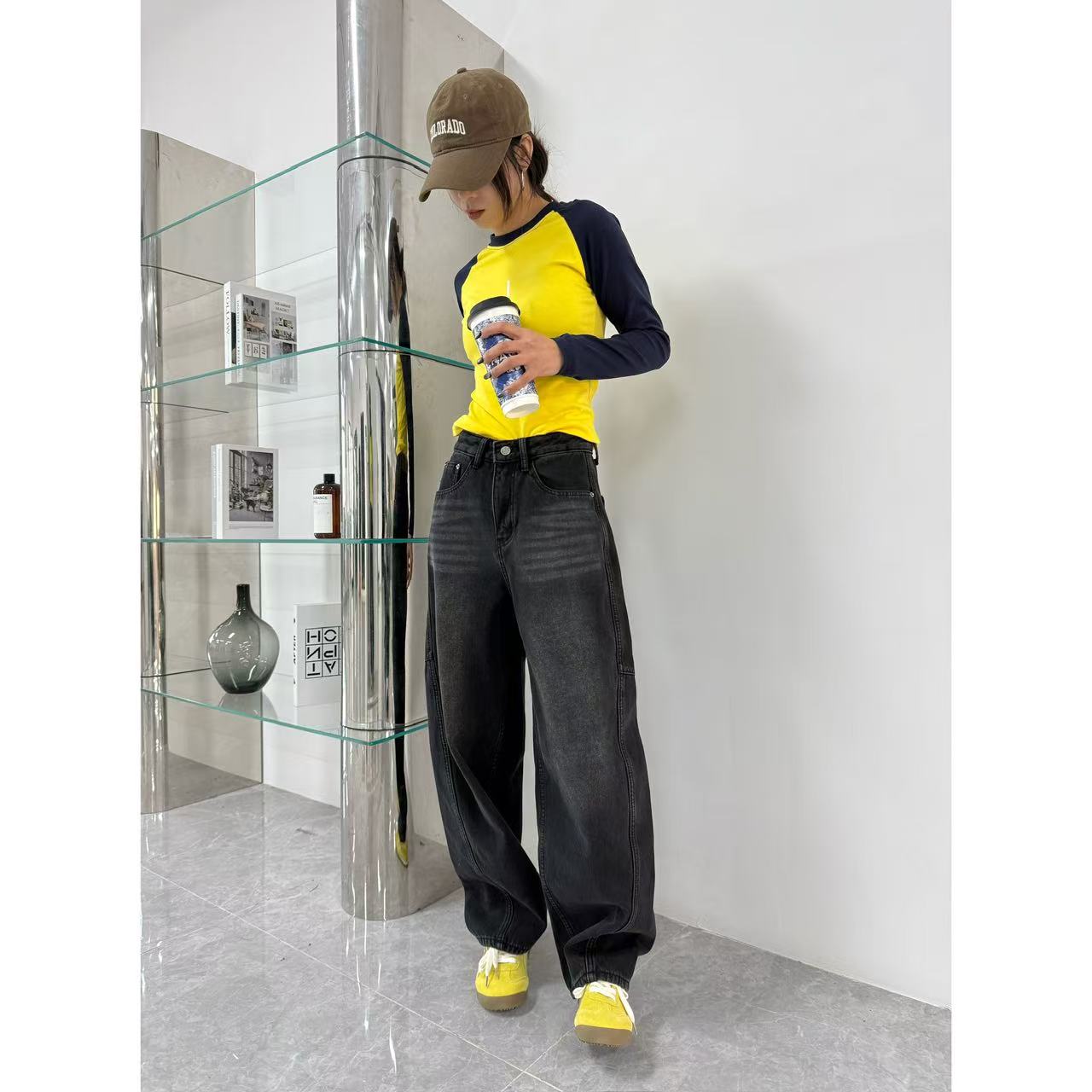 9990-2 黑色加绒显瘦时尚休闲宽松设计感软牛仔老爹堆堆裤