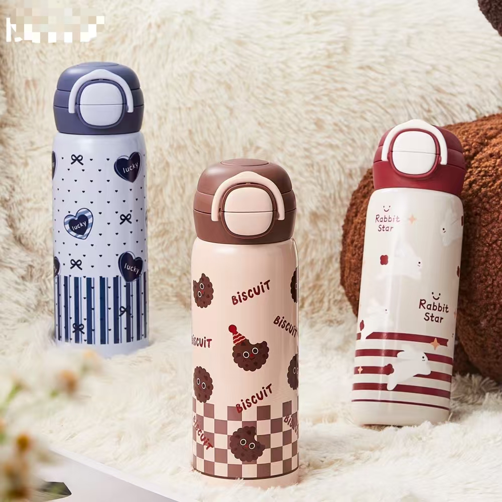 高颜值卡通水杯双饮弹跳学生316不锈钢手提式吸管保温杯女便携杯