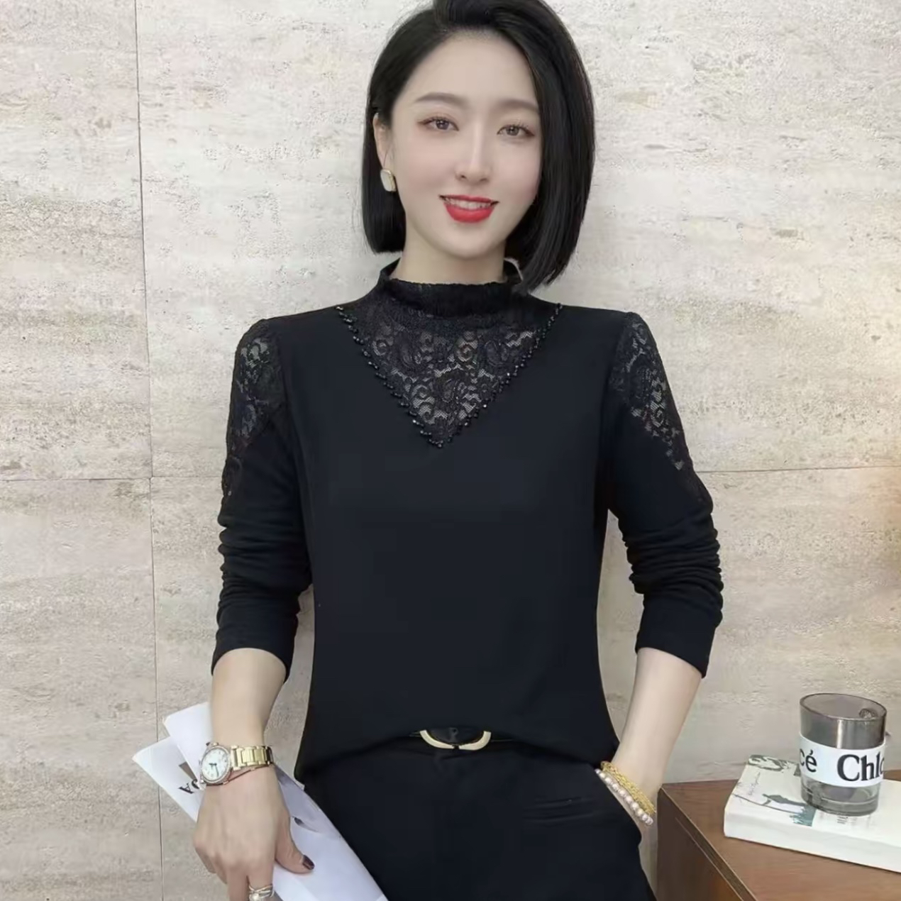 冬季新款洋气半高领手工订珠镂空百搭气质一体绒长袖气质小衫003