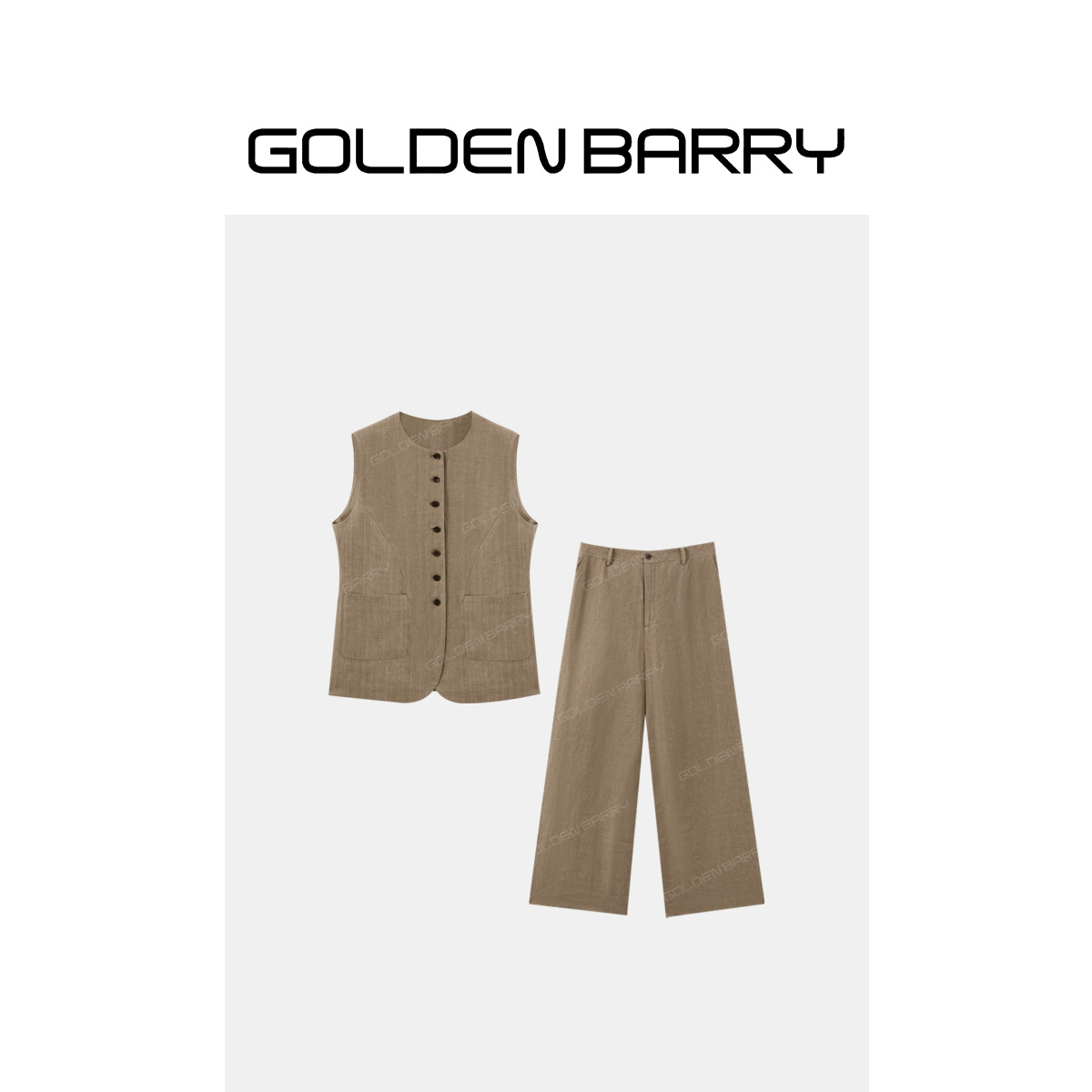 GOLDENBARRY混色亚麻老钱风马甲套装/显瘦直筒裤123183/571098