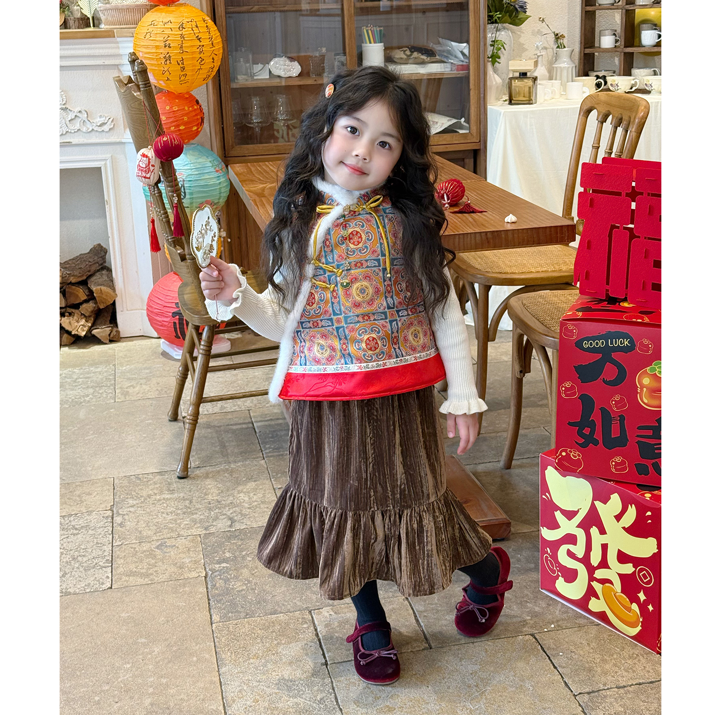 壹妈童装女童秋冬季新款新中式风套装复古唐装加厚棉马甲棕色半裙