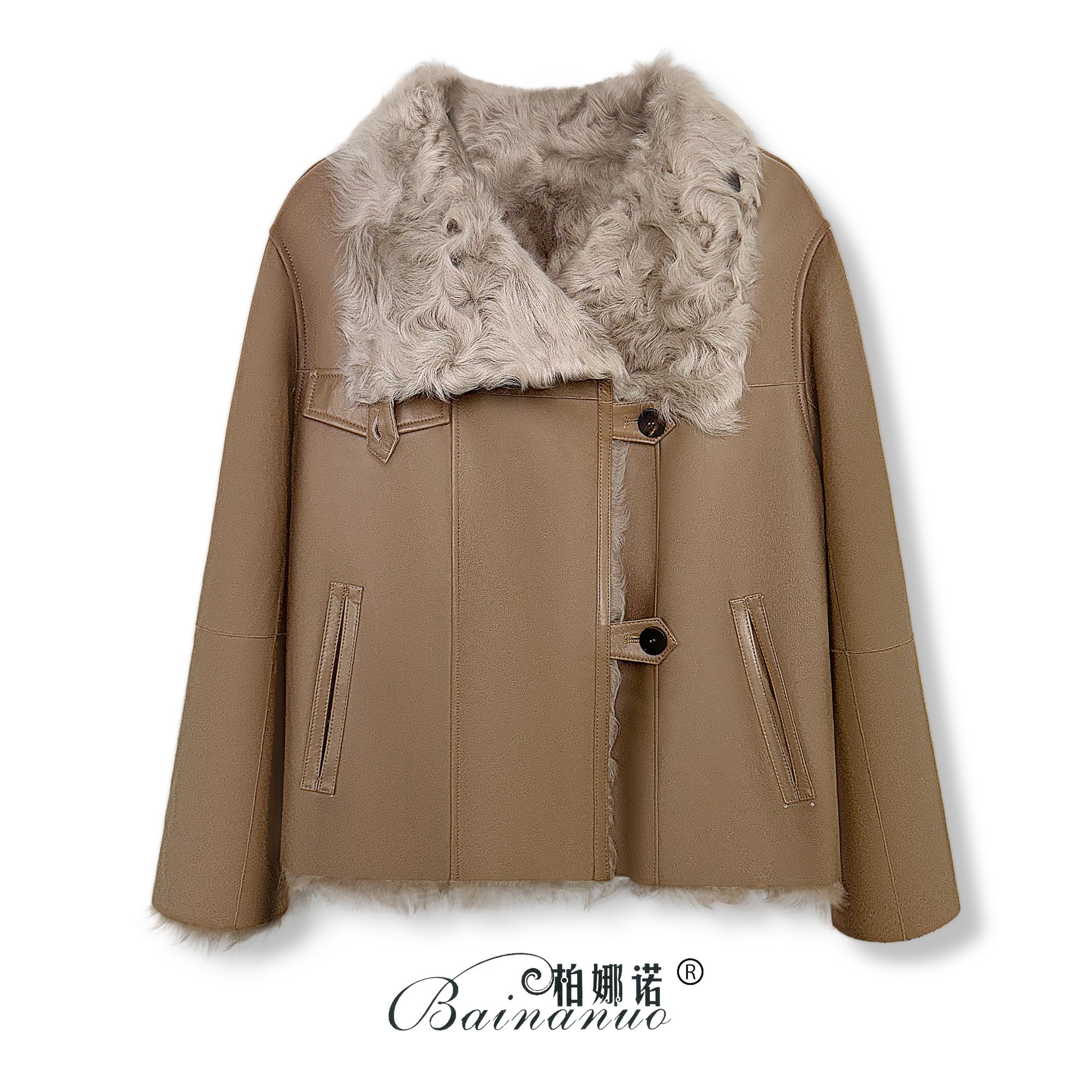 柏娜诺 冬季小湖羊长款轻熟风大翻领外套女士羊皮羊毛一体