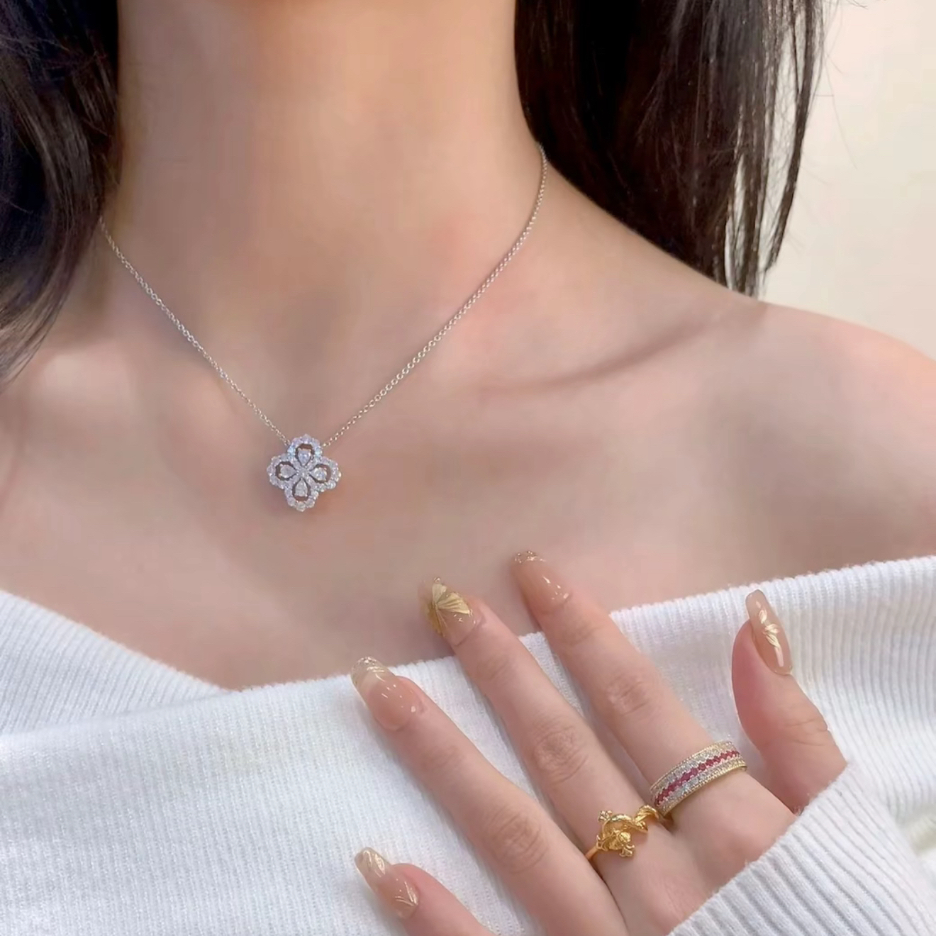 坠链均925银 四叶草项链女轻奢小众纯银满钻锁骨链送女友礼物