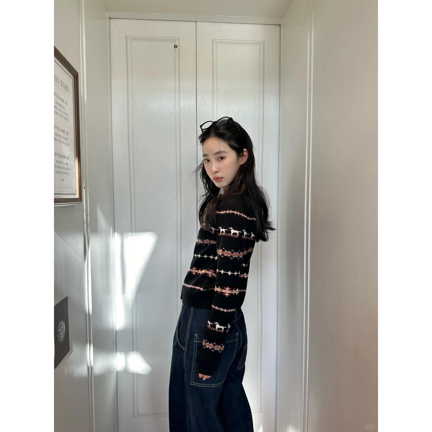 黑洞 秋冬新款小狗花羊毛衫开衫短款外搭针织毛衣外套女