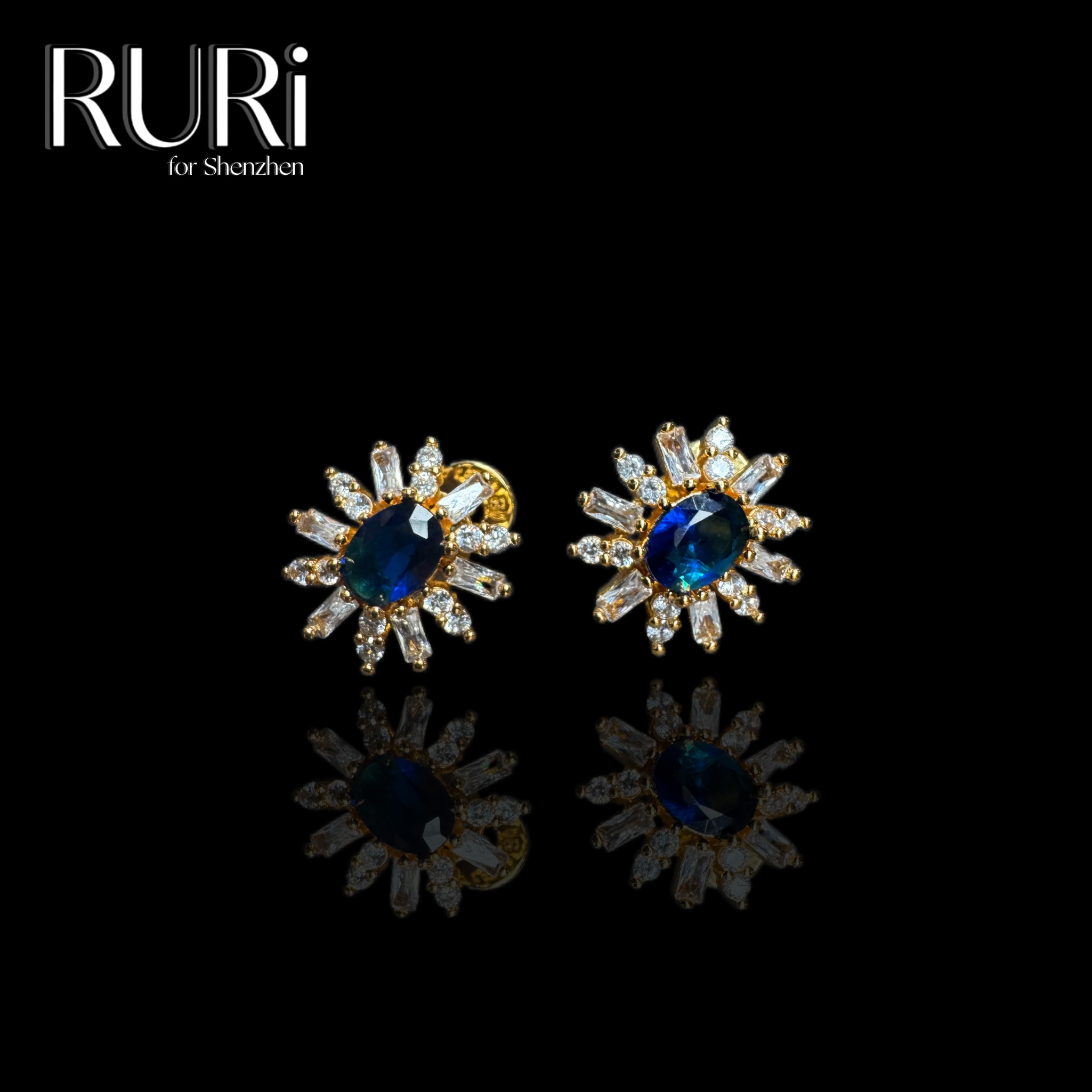 铜合金水晶耳饰 时尚百搭法国定制太阳花花款蓝石耳饰 A2472