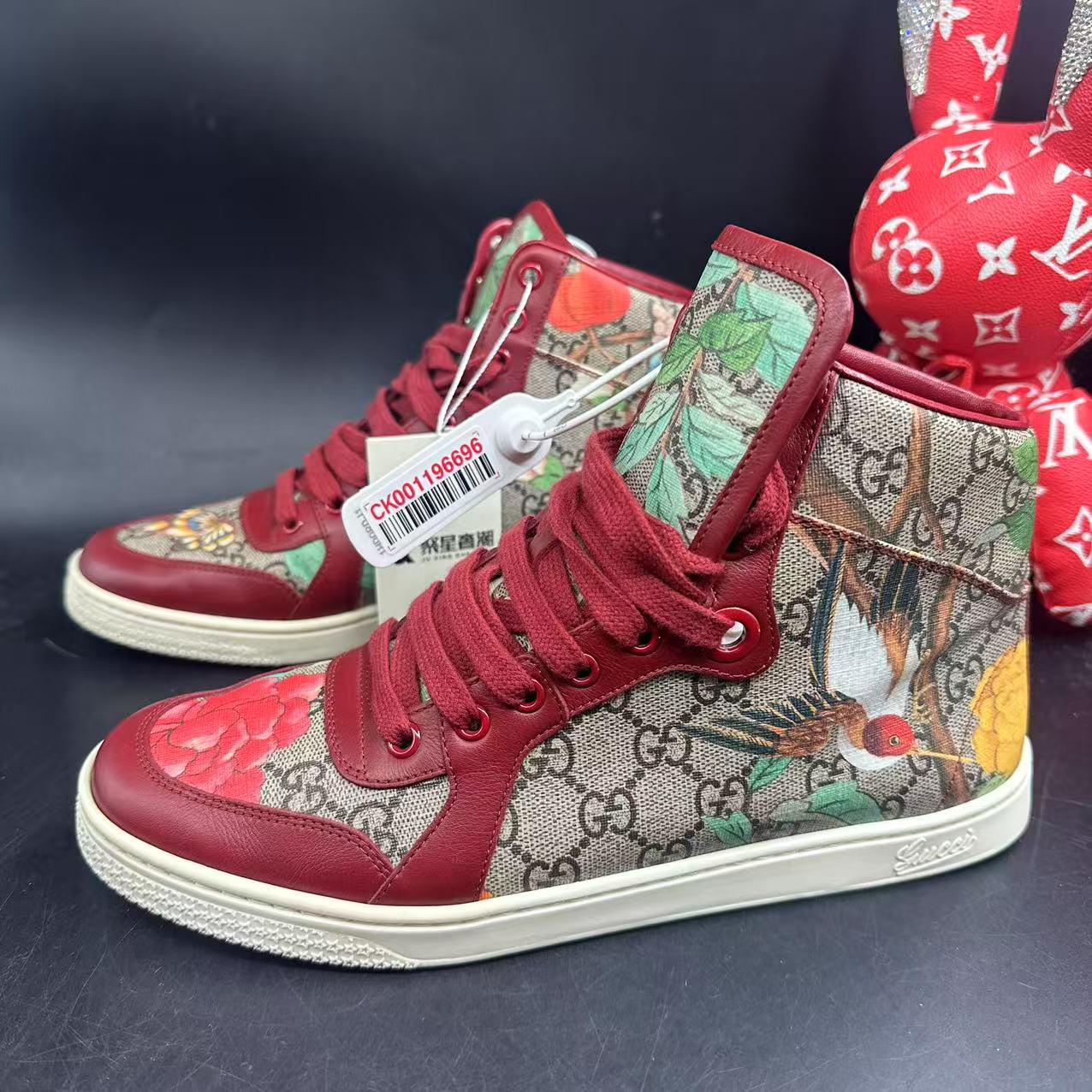95新 GUCCI/古驰 棕色老花百鸟朝凤休闲高帮板鞋38.5欧码ddm1905