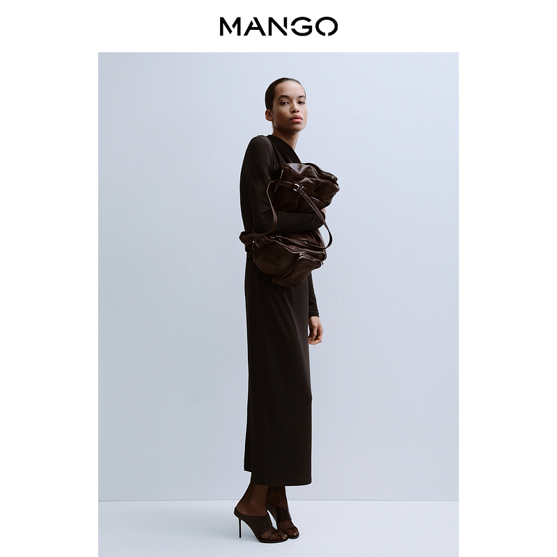 MANGO女装连衣裙2025冬装新款气质休闲长袖船领褶皱内搭连衣裙